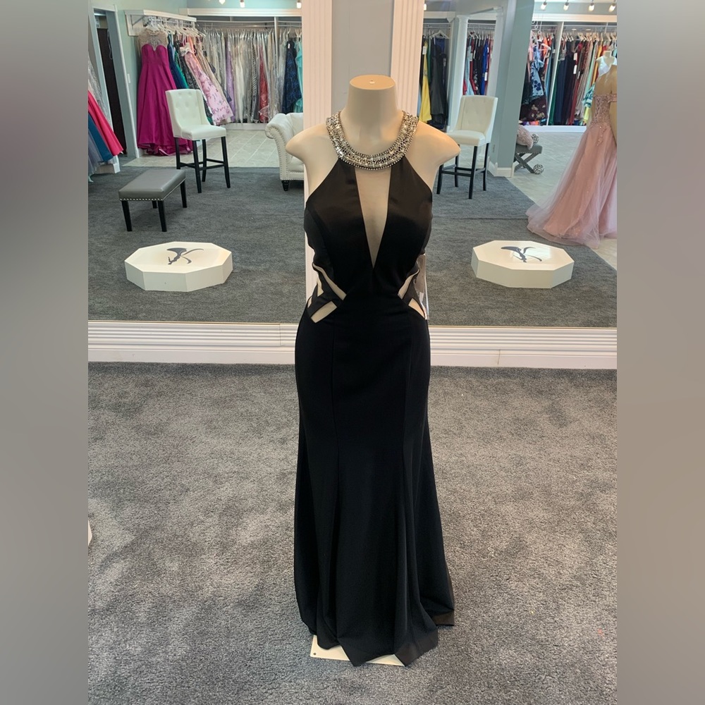 Size 12. black matte dress. sheer keyhole cutouts. studded neckline. trumpet